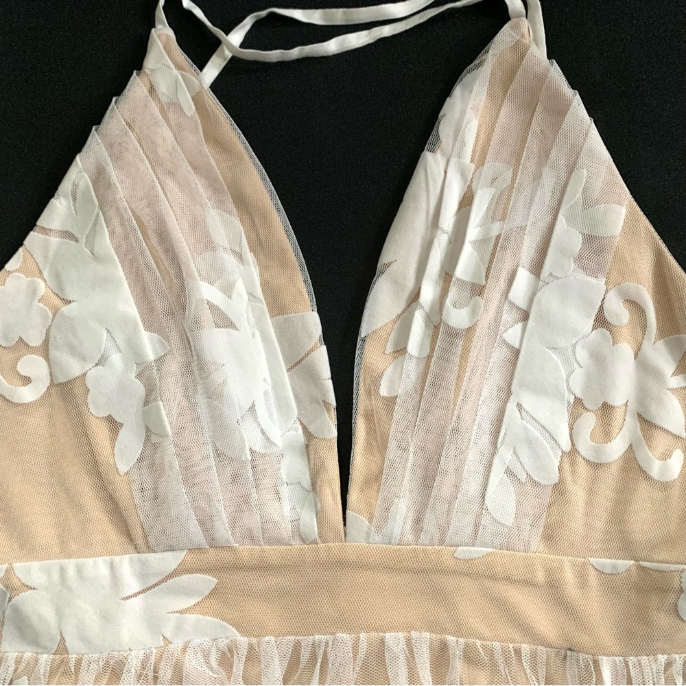 NWT maxi dress white floral velvet burnout deep V neckline crisscross back lined - Picture 8 of 13